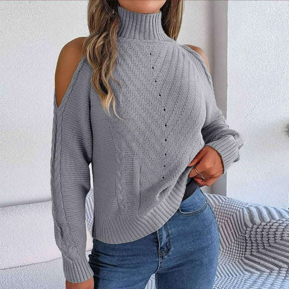 Sevevn Women's Casual Color Long Sleeved High Neck Off Shoulder Pullover Sweater Gray S Holiday Gift Finder