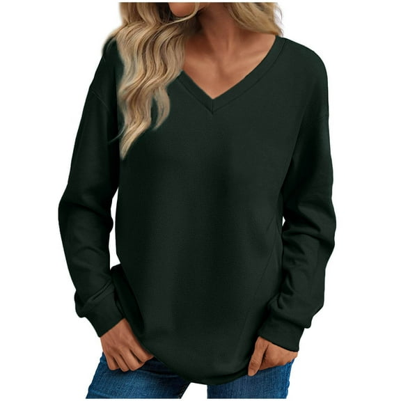 Sevevn Women's Casual Comfortable Long Sleeve V-Neck Solid Pocket Blouse Tops Army Green XL Gift for Adults