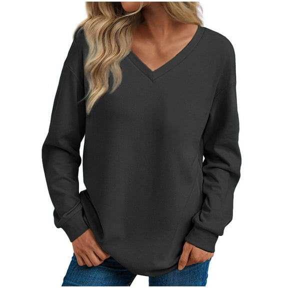 Sevevn Women's Casual Comfortable Long Sleeve V-Neck Solid Pocket Blouse Tops Dark Gray XL Summer
