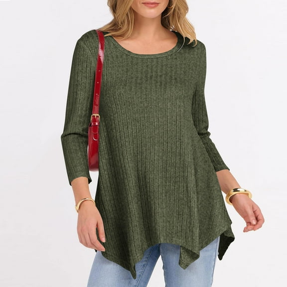 Sevevn Women's Casual Crew Neck Blouse Solid Color Ribbed Knit Loose Peplum 3/4 Sleeve Tunic Dressy Tops Army Green M