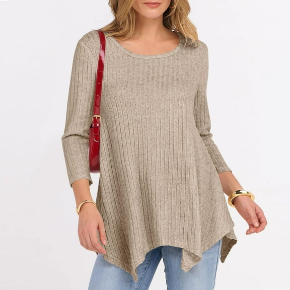 Sevevn Women's Casual Crew Neck Blouse Solid Color Ribbed Knit Loose Peplum 3/4 Sleeve Tunic Dressy Tops Beige M