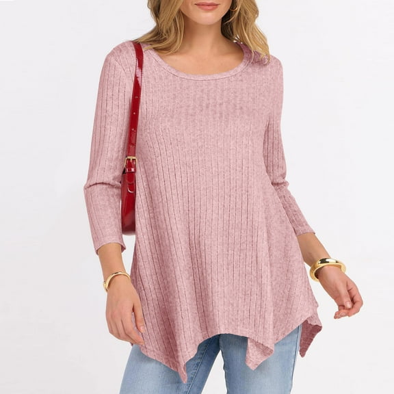Sevevn Women's Casual Crew Neck Blouse Solid Color Ribbed Knit Loose Peplum 3/4 Sleeve Tunic Dressy Tops Pink M
