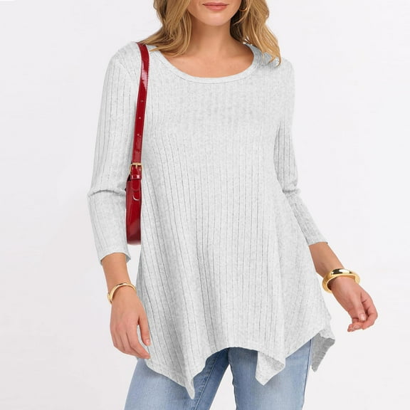 Sevevn Women's Casual Crew Neck Blouse Solid Color Ribbed Knit Loose Peplum 3/4 Sleeve Tunic Dressy Tops White XL