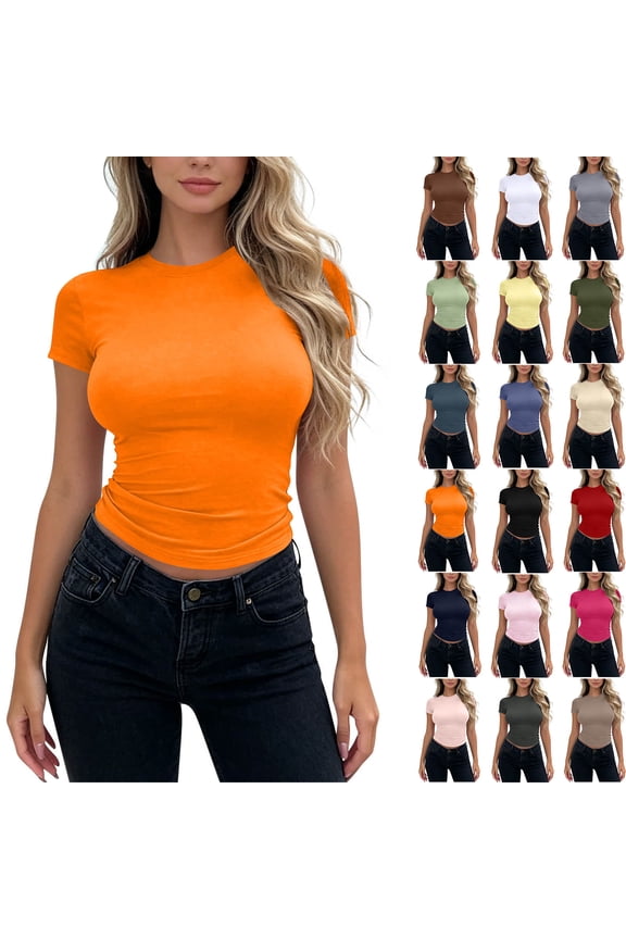 Women's Casual Fitted T-Shirt Crew Neck Short Sleeve Slim Fit Basic Top Orange M