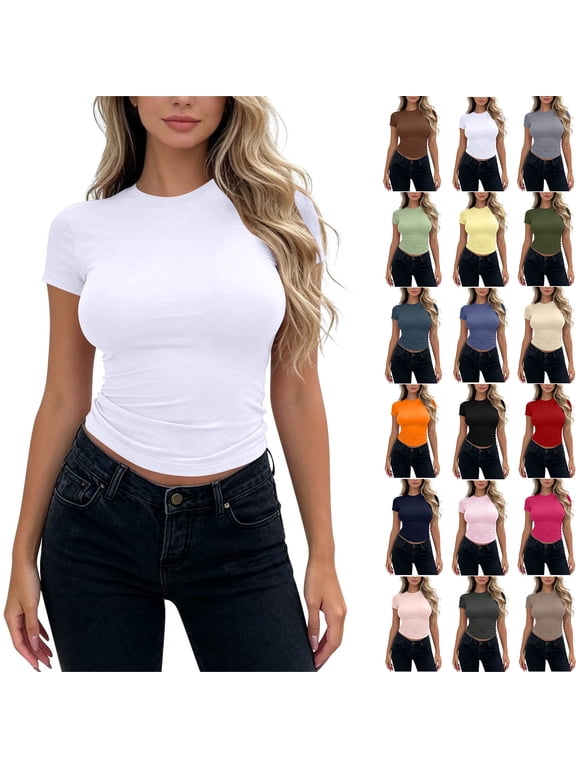 Women's Casual Fitted T-Shirt Crew Neck Short Sleeve Slim Fit Basic Top White L