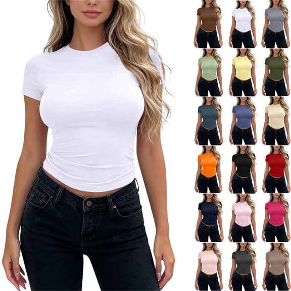 Sevevn Women's Casual Fitted T-Shirt Crew Neck Short Sleeve Slim Fit Basic Top White XL