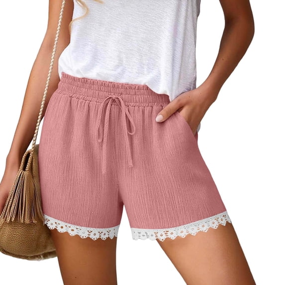 Sevevn Women's Casual Lace Trim Shorts Elastic Waist Drawstring Loose Comfy Shorts with Pockets Pink S