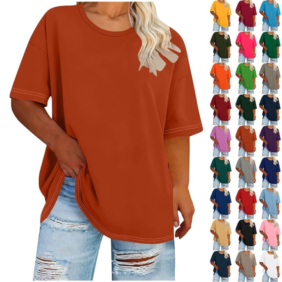 Sevevn Women's Casual Loose Fit T-Shirt Summer Short Sleeve Oversized Top Basic Round Neck Tee for Daily Wear Brown XL