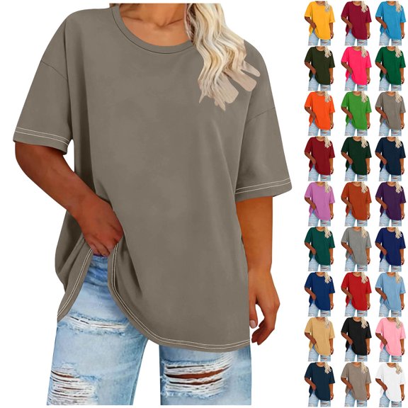 Sevevn Women's Casual Loose Fit T-Shirt Summer Short Sleeve Oversized Top Basic Round Neck Tee for Daily Wear Khaki XL