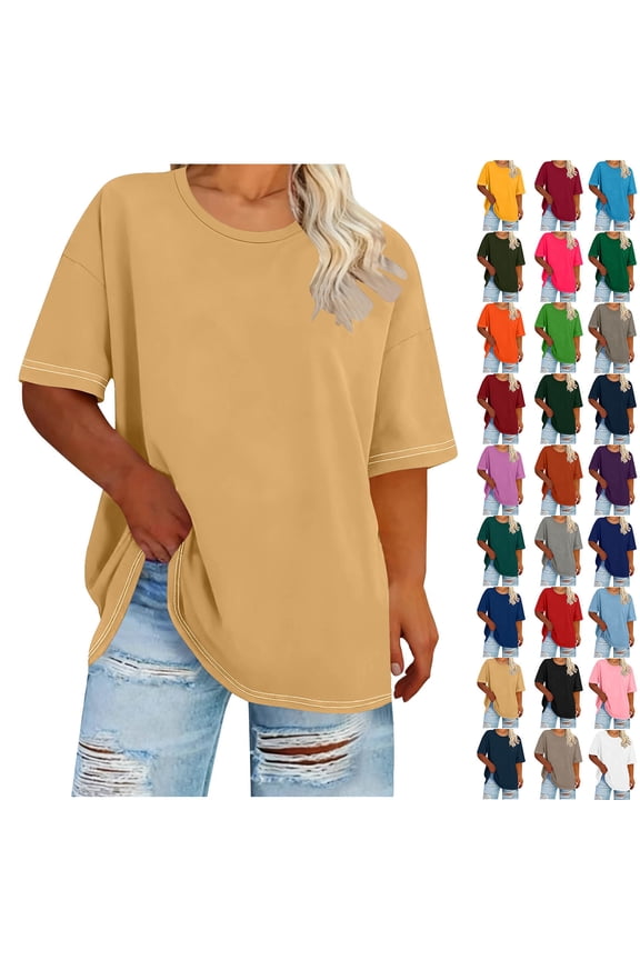 Women's Casual Loose Fit T-Shirt Summer Short Sleeve Oversized Top Basic Round Neck Tee for Daily Wear Khaki XL