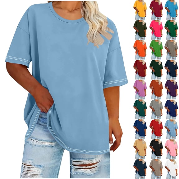 Sevevn Women's Casual Loose Fit T-Shirt Summer Short Sleeve Oversized Top Basic Round Neck Tee for Daily Wear Light Blue XXXXL