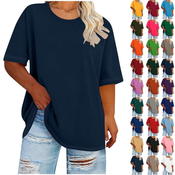 Sevevn Women's Casual Loose Fit T-Shirt Summer Short Sleeve Oversized Top Basic Round Neck Tee for Daily Wear Navy XL