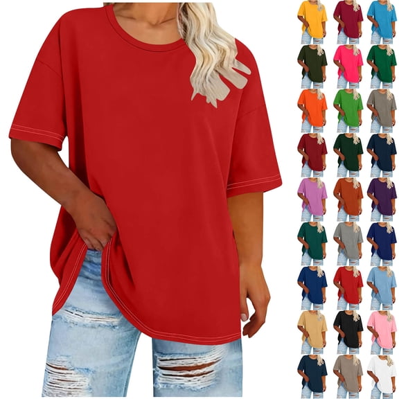 Sevevn Women's Casual Loose Fit T-Shirt Summer Short Sleeve Oversized Top Basic Round Neck Tee for Daily Wear Red XXXXL