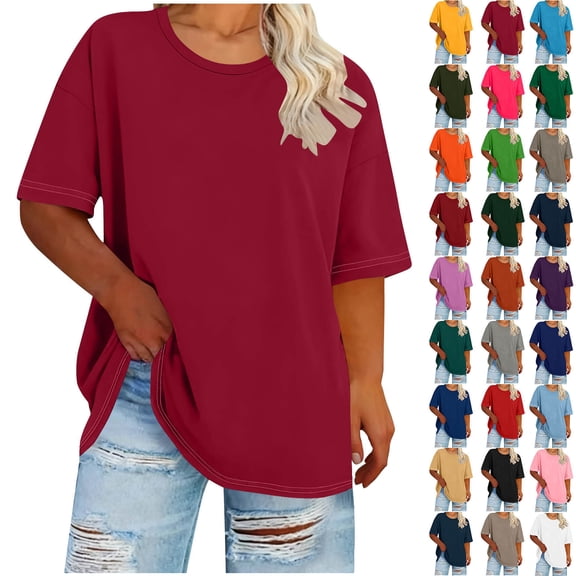 Sevevn Women's Casual Loose Fit T-Shirt Summer Short Sleeve Oversized Top Basic Round Neck Tee for Daily Wear Watermelon Red XL