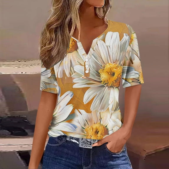 Sevevn Women's Casual Printed Color Short-Sleeved Button V-Neck Top Blouse Womens Casual T-shirt