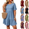 thumbnail image 1 of Sevevn Women’s Casual Ruffle Hem Dress Short Sleeve Loose Fit Babydoll Mini Dress Crew Neck Flowy Summer Dress for Vacation Beach Party Daily Wear Outfit Light Blue XXL, 1 of 8