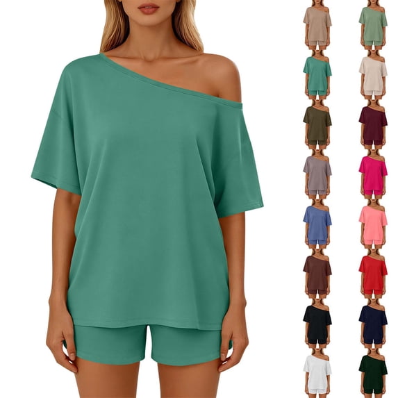 Sevevn Women’s Casual Set Short Sleeve Off Shoulder Top and Shorts Set Lightweight Breathable Loose Fit Two Piece Outfit