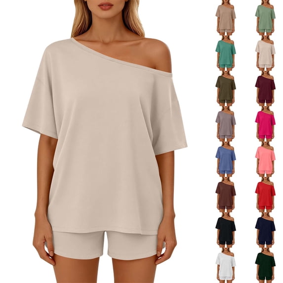 Sevevn Women’s Casual Set Short Sleeve Off Shoulder Top and Shorts Set Lightweight Breathable Loose Fit Two Piece Outfit