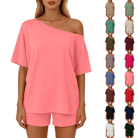 Sevevn Women’s Casual Set Short Sleeve Off Shoulder Top and Shorts Set Lightweight Breathable Loose Fit Two Piece Outfit