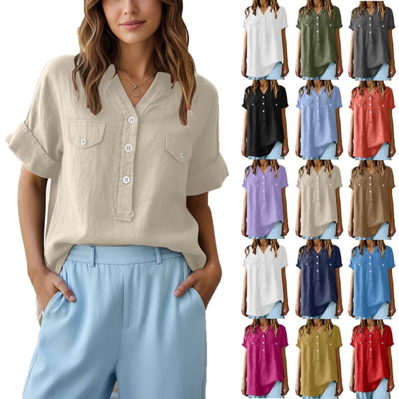 Sevevn Women's Casual Short Sleeve Button Down Blouse Soft Cotton Linen V-Neck Loose Fit Summer Top Beige S