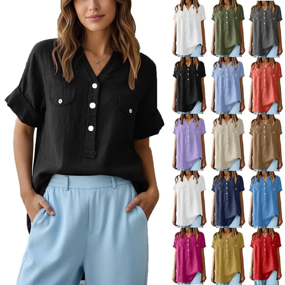 Sevevn Women's Casual Short Sleeve Button Down Blouse Soft Cotton Linen V-Neck Loose Fit Summer Top Black S