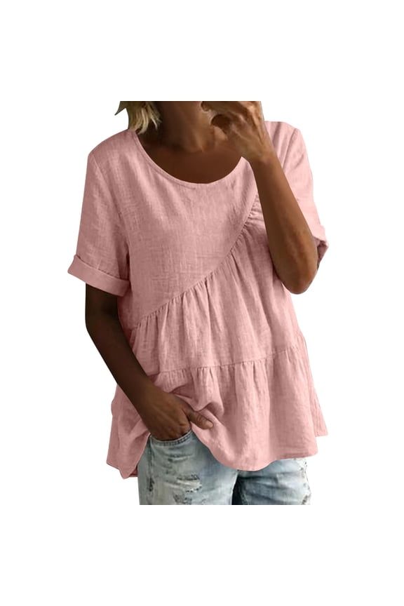 Women's Casual Short Sleeve Ruffle Tiered Faux Linen Blouses Round Neck Loose Fit Summer Tunic Tops Pink 2XL