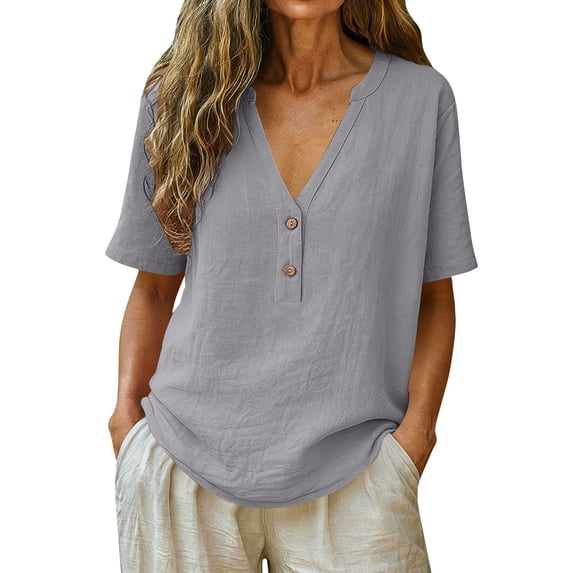 Sevevn Women's Casual Short Sleeve V Neck Henley Blouses Loose Fit Lightweight Linen Summer Tunic Tops Gray S