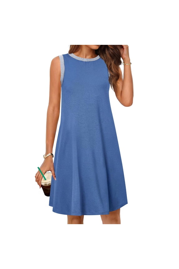Women's Casual Sleeveless Mini Sundress Summer Spring Crewneck Tank Loose Beach Short Dresses