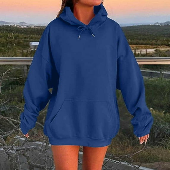 Sevevn Women's Casual Solid Color Round Neck Long Sleeved Top Loose Hooded Sweatshirts Blue M Christmas Deals
