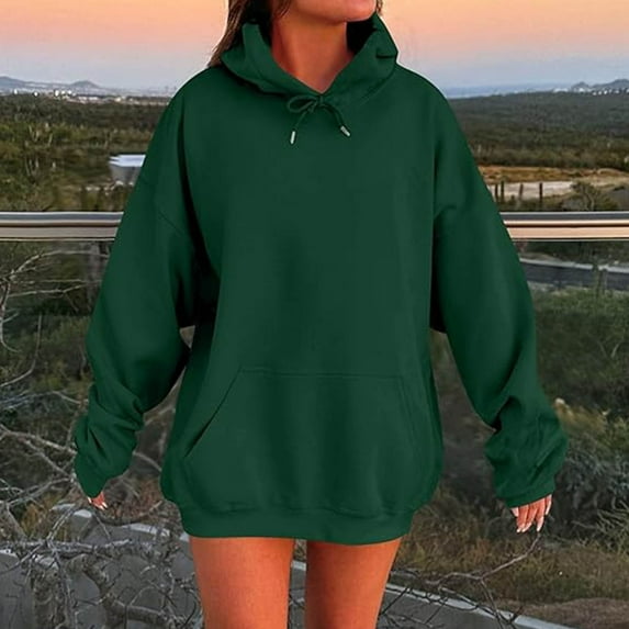 Sevevn Women's Casual Solid Color Round Neck Long Sleeved Top Loose Hooded Sweatshirts Green S Family Gifts
