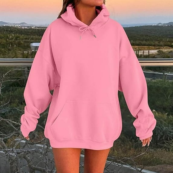 Sevevn Women's Casual Solid Color Round Neck Long Sleeved Top Loose Hooded Sweatshirts Pink XL Deal of the Week