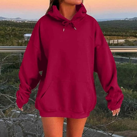 Sevevn Women's Casual Solid Color Round Neck Long Sleeved Top Loose Hooded Sweatshirts Wine XXL Deal of the Week