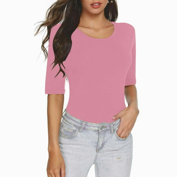 Spring Tops For Women Sevevn Women's Casual Solid Color Short-Sleeved Crew-Neck Top