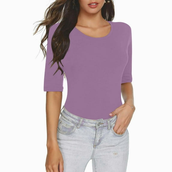 Sevevn Women's Casual Solid Color Short-Sleeved Crew-Neck Top Purple M Rollbacks