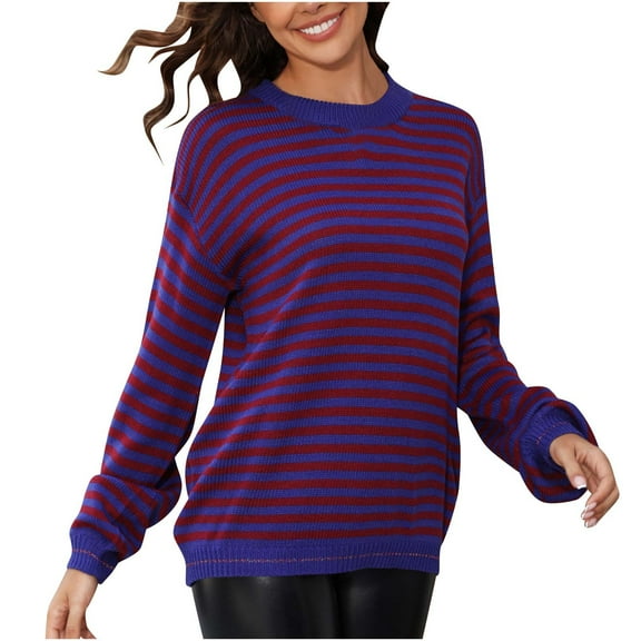Sevevn Women's Casual Striped Color Contrast Knitted Pullover Long Sleeve Round-Neck Sweater