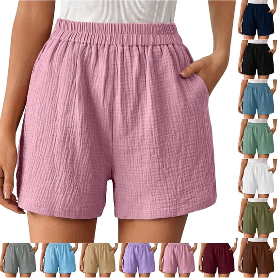 Sevevn Women’s Casual Summer Shorts Elastic High Waist Textured Lounge Shorts Loose Fit Beach Vacation Shorts with Pockets Lightweight Comfy Pull On Shorts Pink M