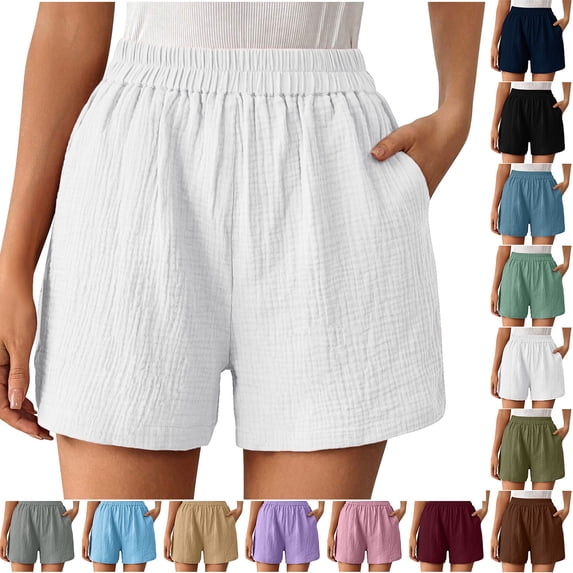 Sevevn Women’s Casual Summer Shorts Elastic High Waist Textured Lounge Shorts Loose Fit Beach Vacation Shorts with Pockets Lightweight Comfy Pull On Shorts White L
