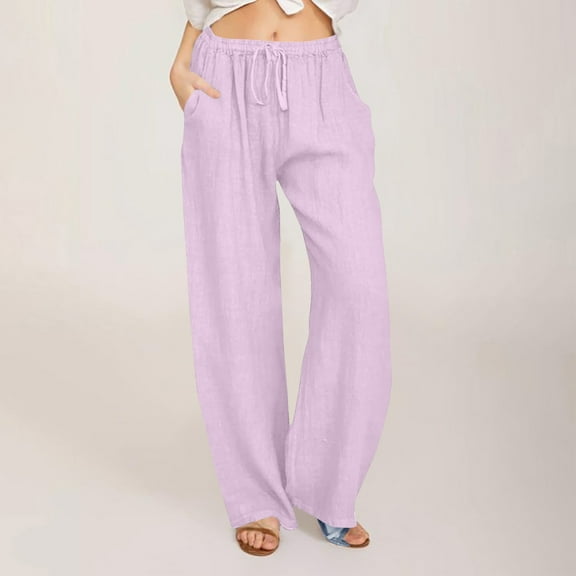 Sevevn Women's Casual Trousers Solid Drawstring Waist Long Pants With Pocket Purple M Women Beach Fashion