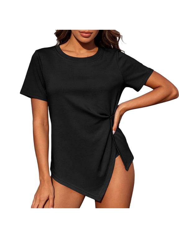 Women's Casual Twist Front T Shirt Short Sleeve Crew Neck Side Split Tunic Tops Loose Fit Summer Tee Shirts Black 2XL
