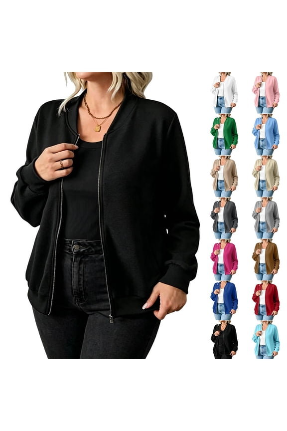 Women's Casual Zip Up Bomber Jacket Lightweight Long Sleeve Sweatshirt Coat Crew Neck Loose Fit Outerwear with Pockets Fashion Fall Spring Jacket