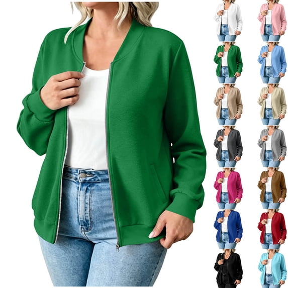 Sevevn Women's Casual Zip Up Bomber Jacket Lightweight Long Sleeve Sweatshirt Coat Crew Neck Loose Fit Outerwear with Pockets Fashion Fall Spring Jacket