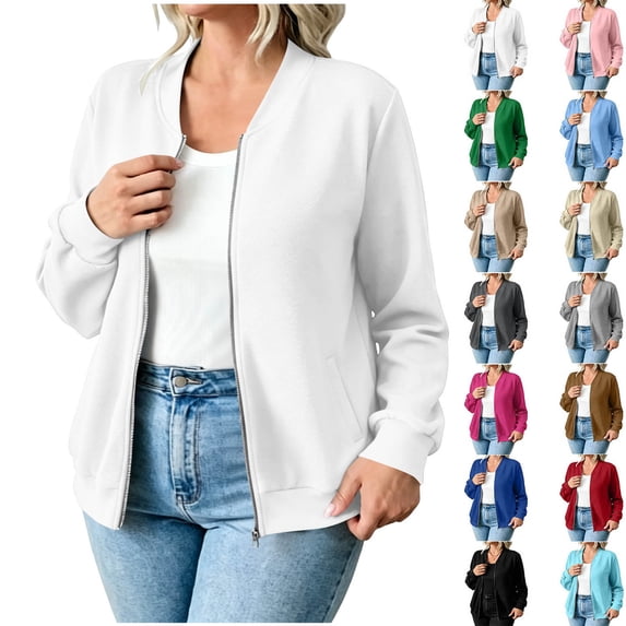 Sevevn Women's Casual Zip Up Bomber Jacket Lightweight Long Sleeve Sweatshirt Coat Crew Neck Loose Fit Outerwear with Pockets Fashion Fall Spring Jacket