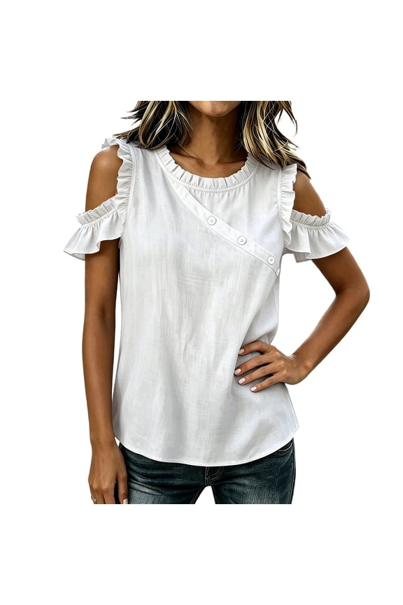 Women's Cold Shoulder Ruffle Tank Top Round Neck Diagonal Button Cotton Blend Sleeveless Blouse White M