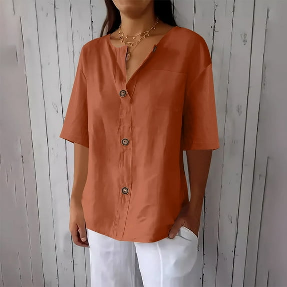 Sevevn Women's Collar Cotton And Linen Button Pocket Shirt Jacket T-shirt Home Casual Long Sleeved T-shirt Coffee XXL Summer Clearance