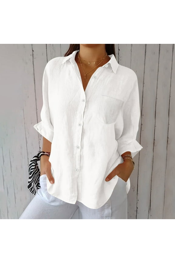 Women's Collar Cotton And Linen Button Pocket Shirt Jacket T-shirt Home Casual Long Sleeved T-shirt White L Deal of the Week