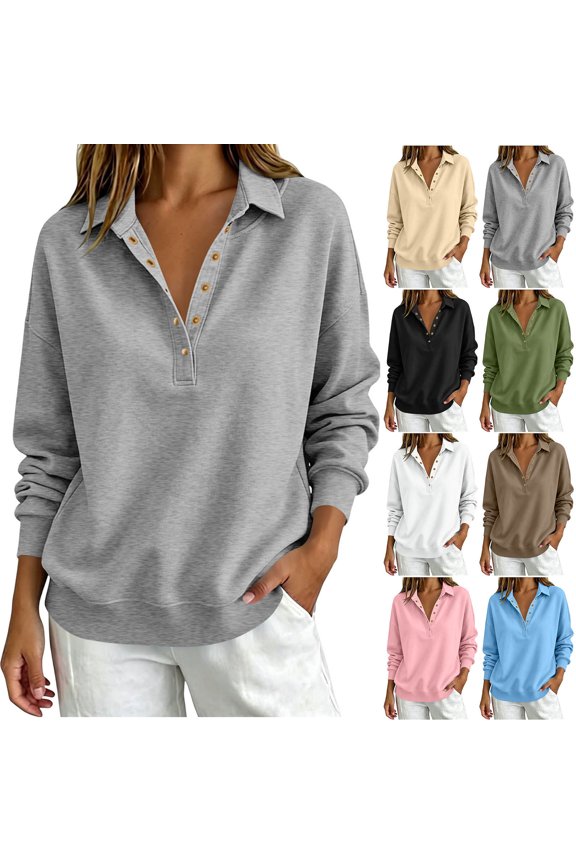 Women's Collared Half Button Sweatshirt Long Sleeve Loose Pocket Pullover Top Gray S