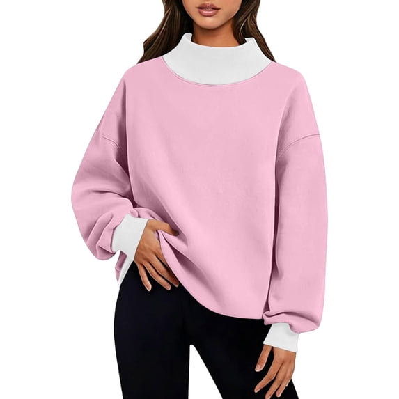 Sevevn Women's Color Block Mock Neck Fleece Loose Long Sleeve Pullover Sweatshirt Fall Winter