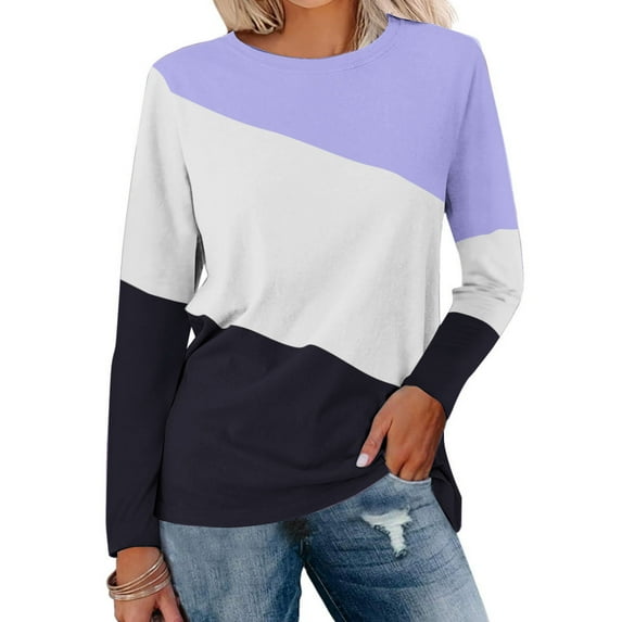 Sevevn Women's Color Block Round-Neck Long Sleeve Top White XL Gift for Girls