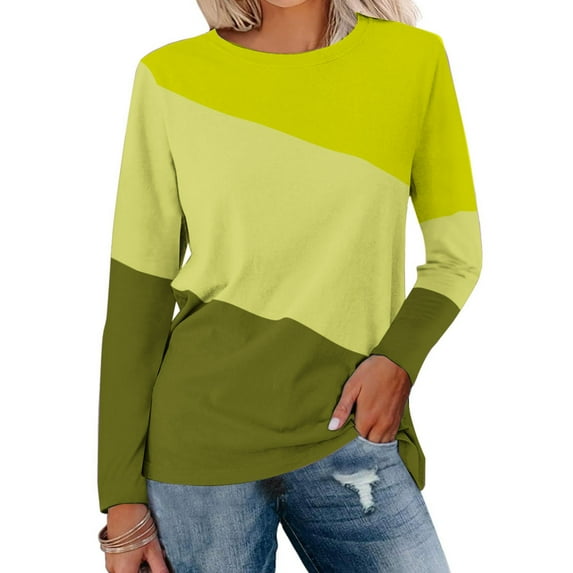 Sevevn Women's Color Block Round-Neck Long Sleeve Top Yellow L Gift for Adults