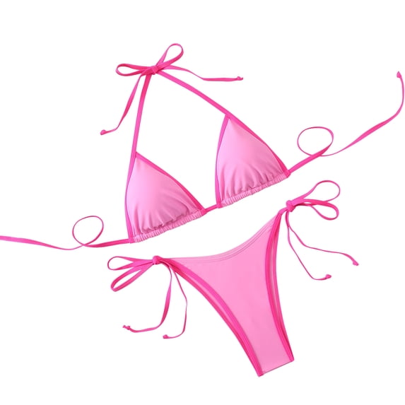 Sevevn Women's Color Block Triangle Bikini Set Halter Side Tie Thong Two Piece Swimsuit Pink S